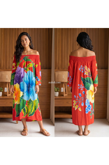 Hand Painted Rayon Off Shoulder Dress
